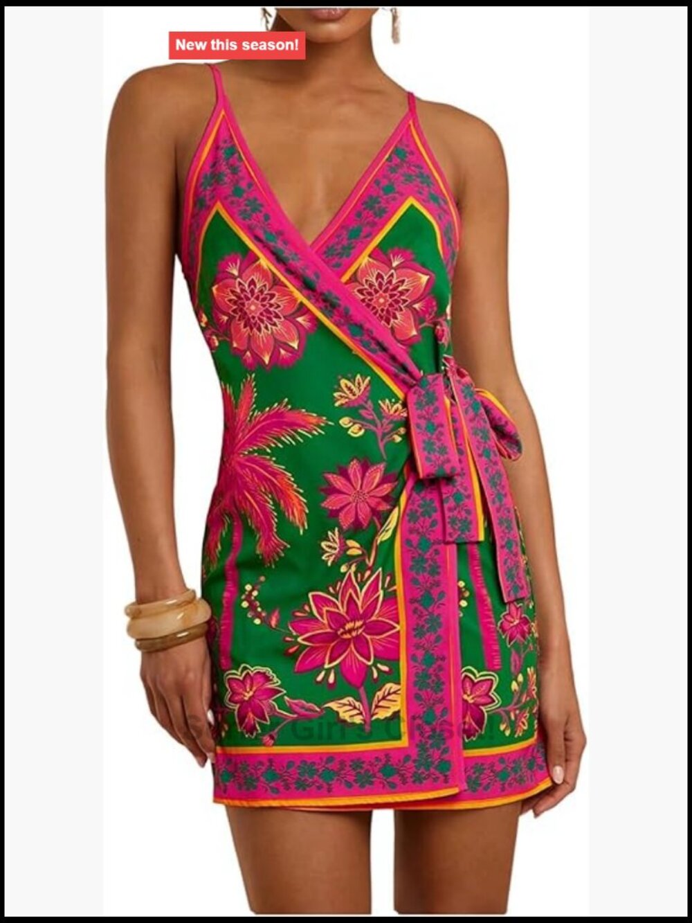 Women's Tropical Print Wrap Dress Sleeveless V-Neck Mini Summer Vacation Outfit